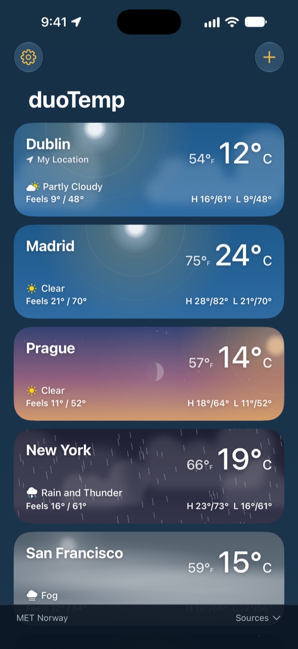 The locations list with Dublin, Madrid, Prague, New York and San Francisco, each card showing Celsius and Fahrenheit over its own sky