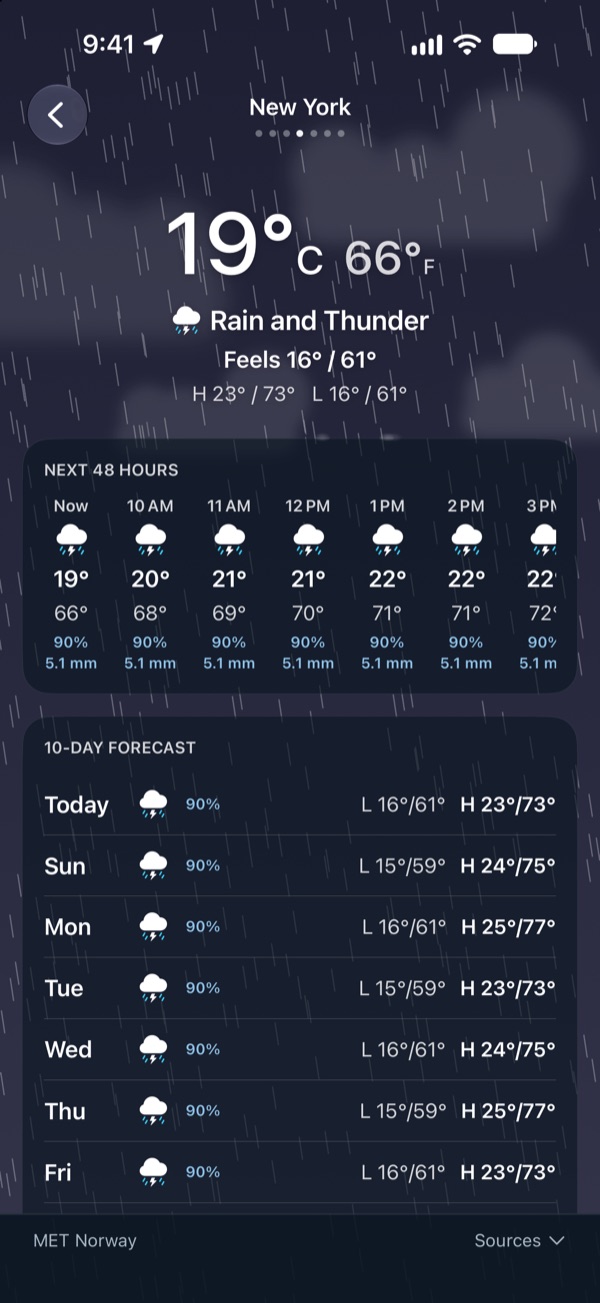 New York in rain and thunder, with rain streaks across the screen and precipitation chances in the forecast
