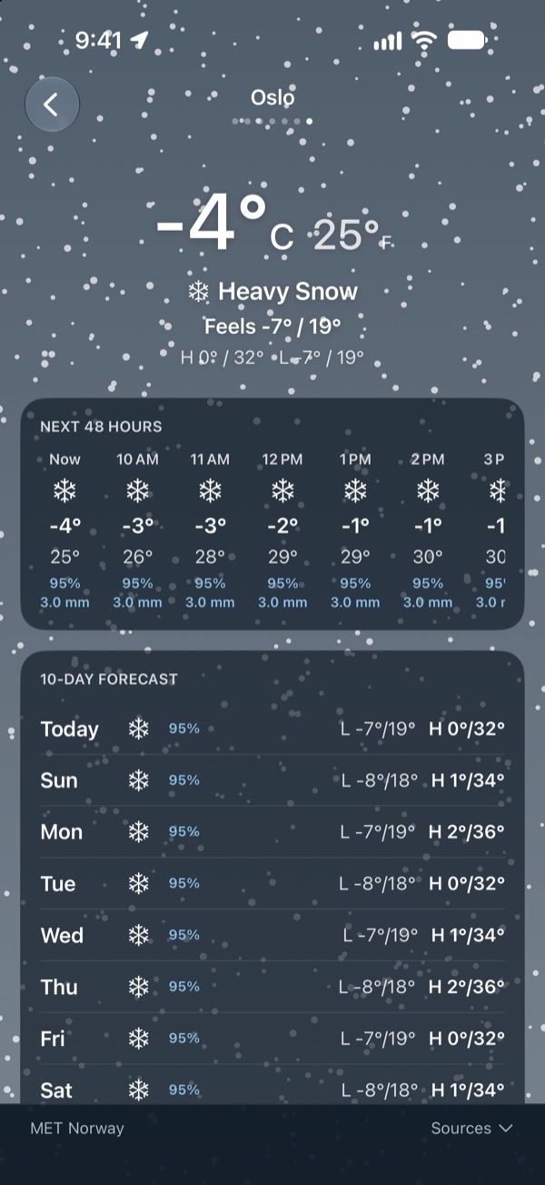 Oslo in heavy snow at minus 4 degrees Celsius and 25 Fahrenheit, with falling snowflakes